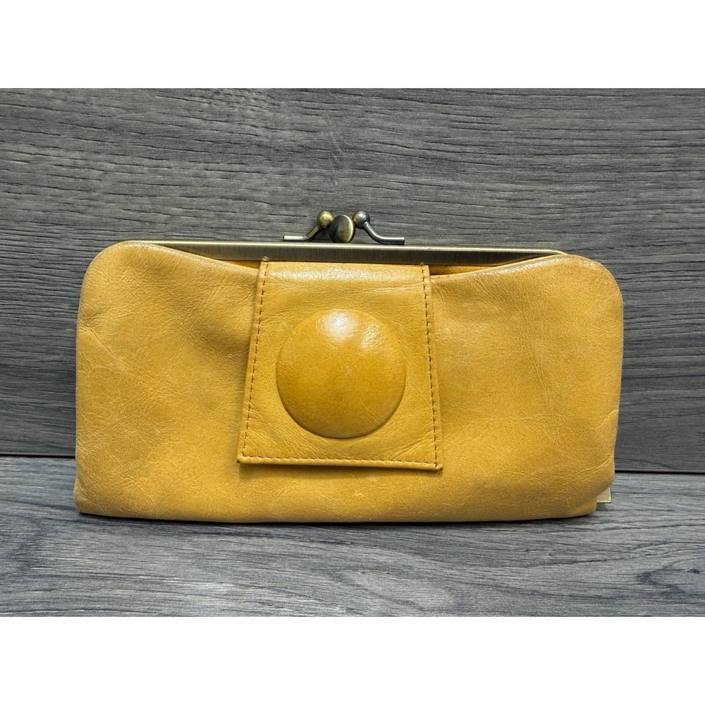 Hobo International Yellow Gold Glazed Leather Lock Wallet Floral Print Clutch